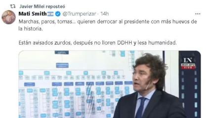"Después no lloren DDHH y lesa humanidad": Milei suma otro amenazante retuit a su lista